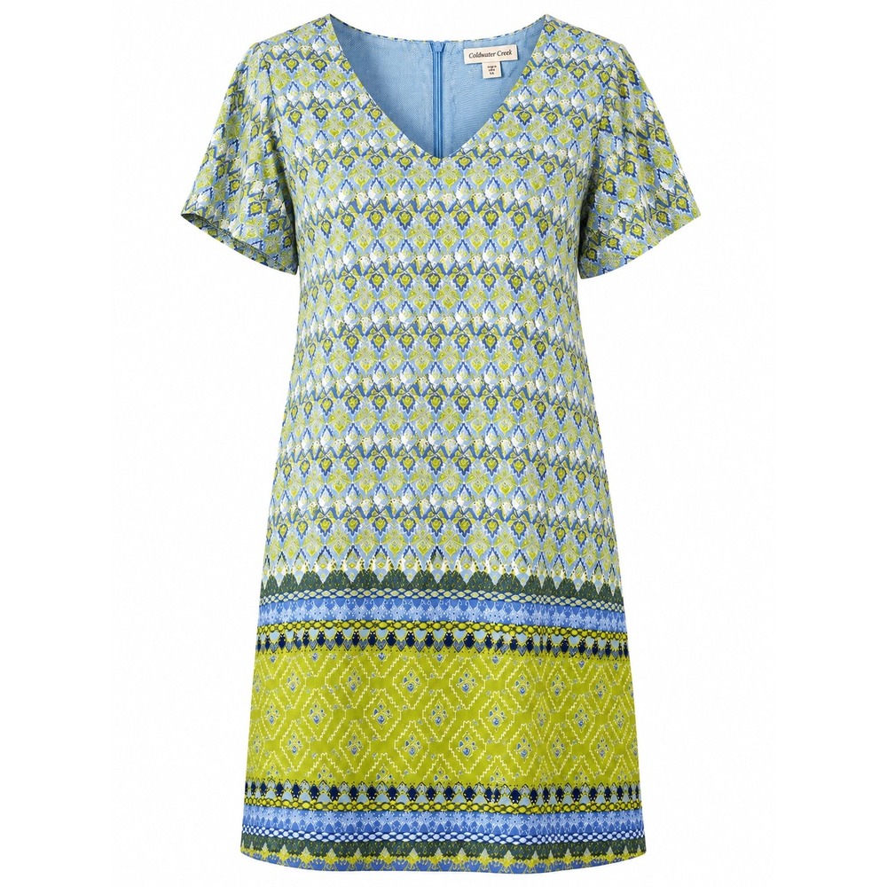 Coldwater Creek 1X Blue Green Boho Border Print Shift Dress‎ VNeck Cottagecore